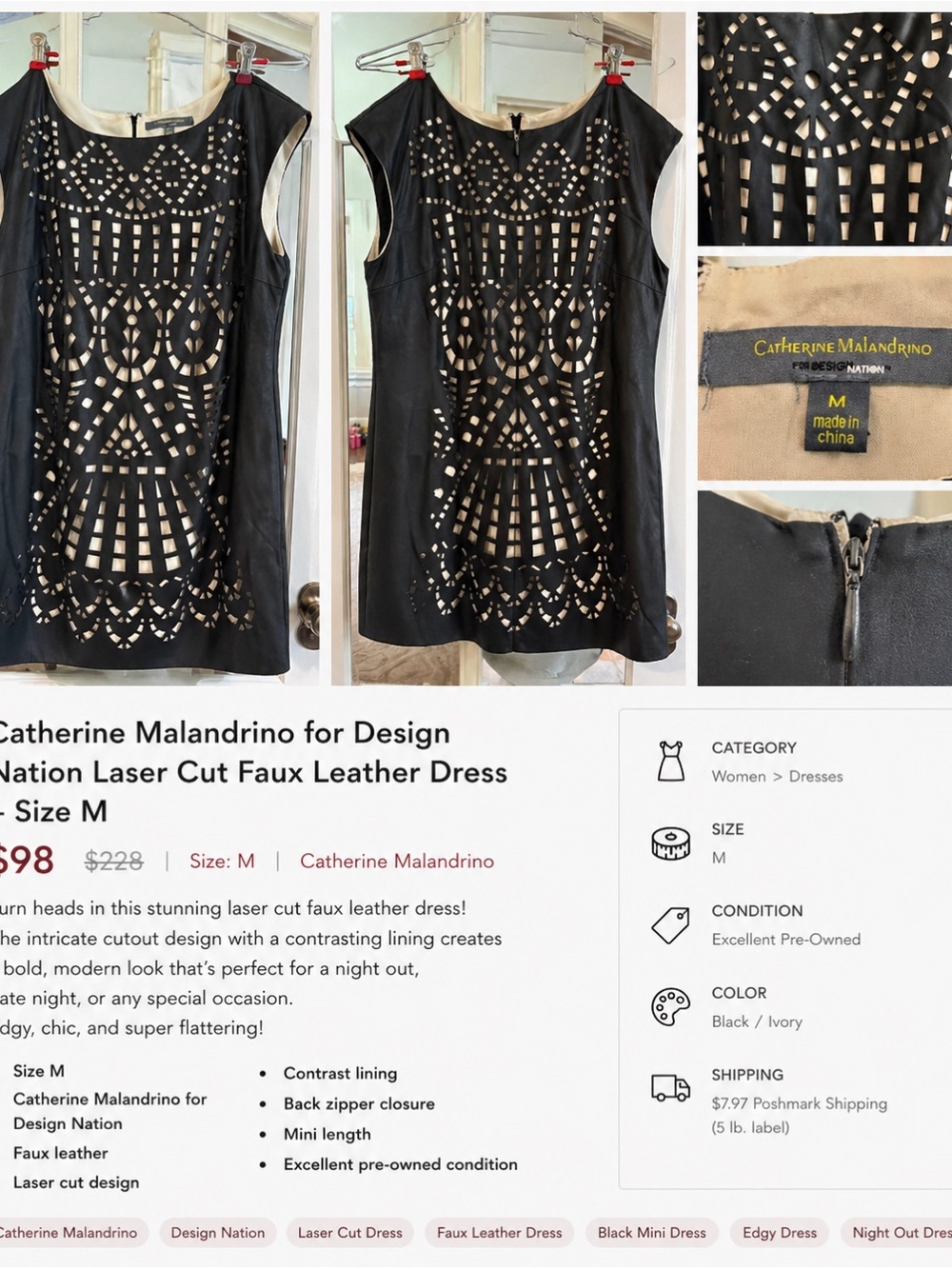 Catherine Malandrino Black Faux Leather Laser-Cut Shift Dress with Ivory Lining